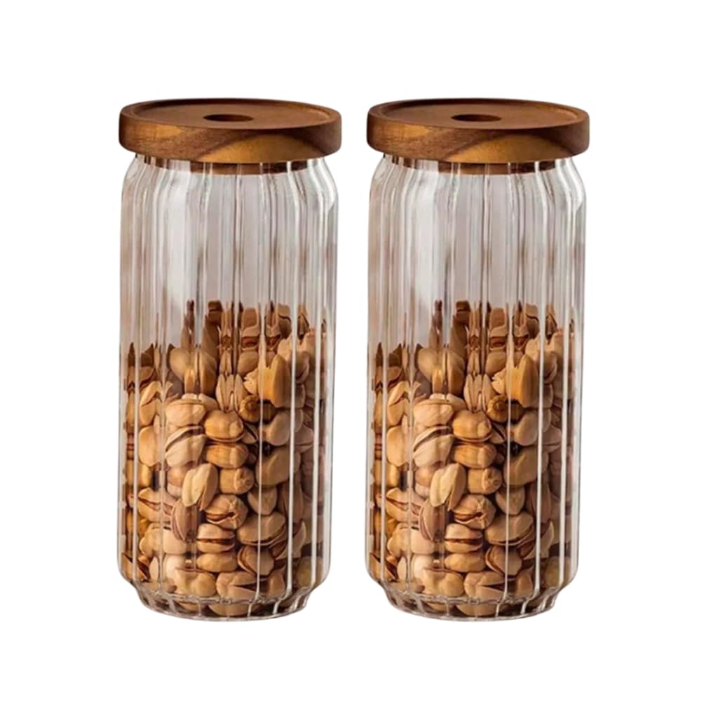 Jogo 2 Potes 1100ml de Vidro Canelado Com Tampa De Madeira Acácia Porta Café Açúcar Mantimentos