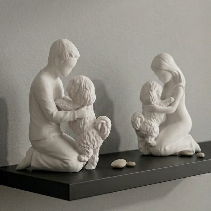 Estátua Escultura Decorativa Homem/Mulher com Cachorro ShihTzu Minimalista Enfeite de Mesa Sala