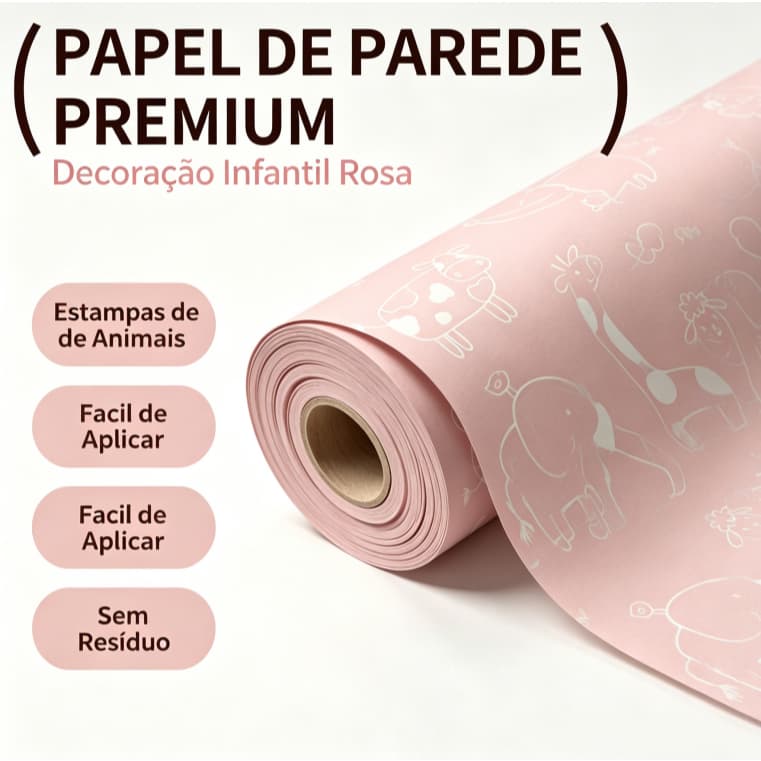 Papel de Parede Adesivo Infantil Animais Safari Rosa 5m x 45cm Vinil Impermeável Lavável para Quarto de Bebê e Menina