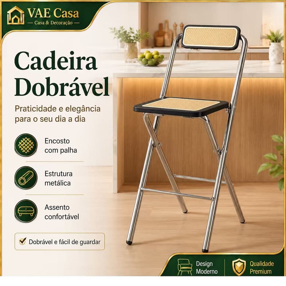 Cadeira Dobrável Fibra Trançada Natural, Moldura Em Madeira Com Estrutura Metálica Cromada