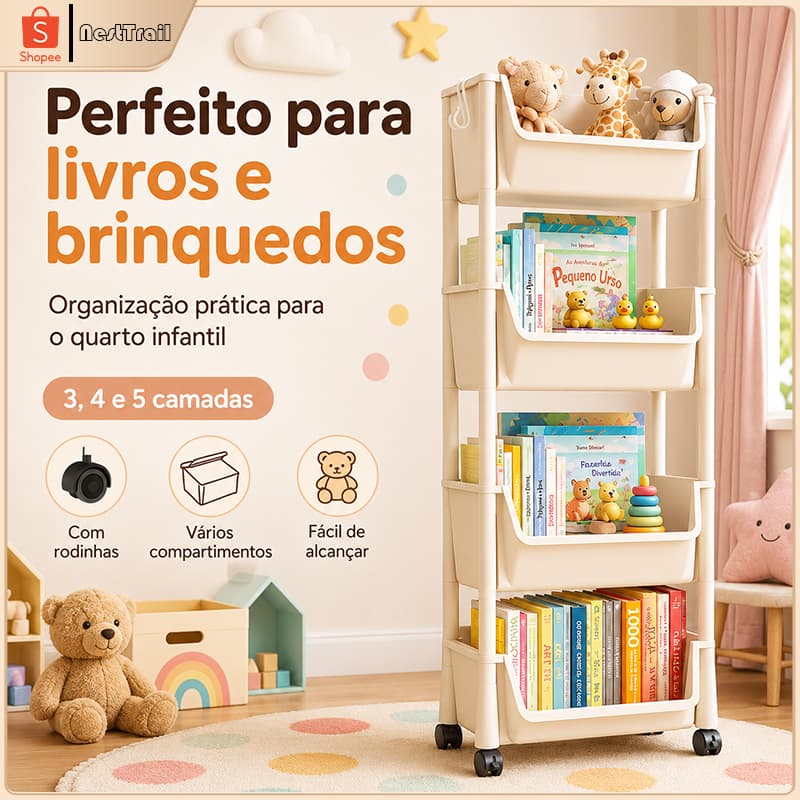 Estante Organizadora Infantil com Rodinhas, Carrinho Multiuso 3, 4 ou 5 Andares para Livros, Brinquedos e Objetos