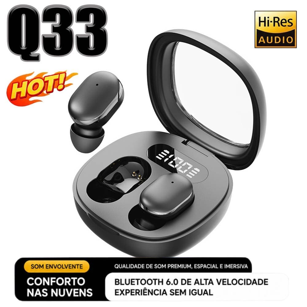 Fone Bluetooth Q33 TWS Mini Sem Fio, Display Digital, Toque Inteligente Áudio Imersivo
