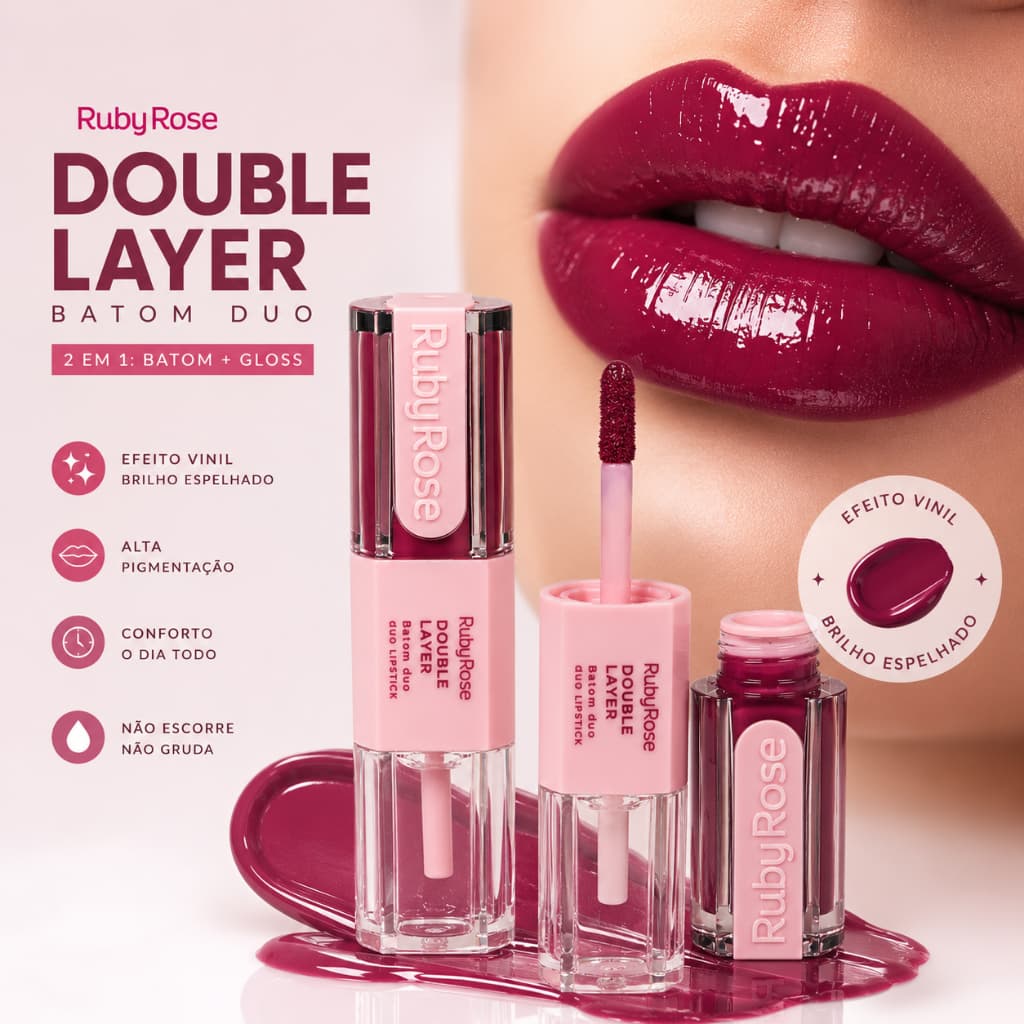 Batom Duo Matte e Gloss Longa Duração Double Layer Ruby Rose