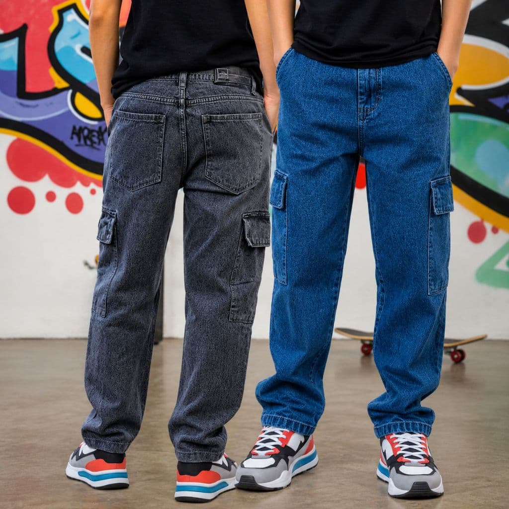 Calça Cargo Infantil Masculina Jeans Balão Streetwear