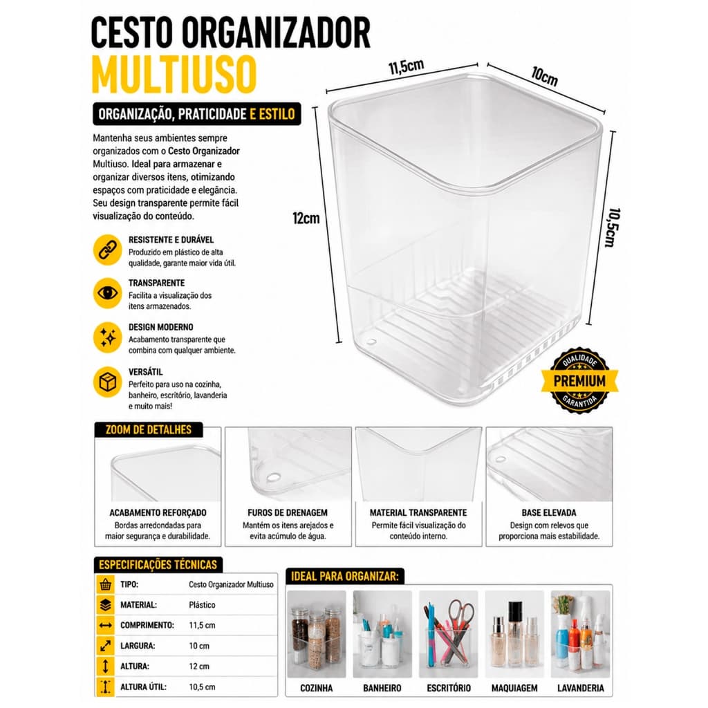 Cesto Organizador 1 ou 2 Unidades Multiuso Plástico para Geladeira Armário Preto Branco