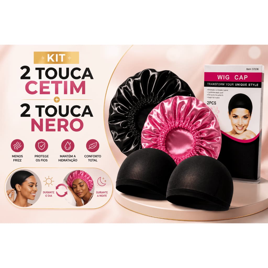 Kit 4 Toucas Cabelo 2 Toucas de Cetim + 2 Toucas Nero Wig Cap Para Dormir Peruca Lace