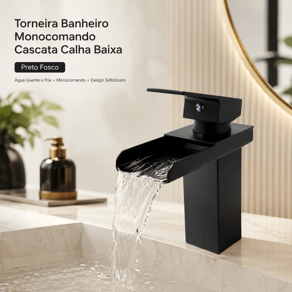 Torneira Misturador Monocomando Cascata Banheiro Preto Fosco Bica Baixa