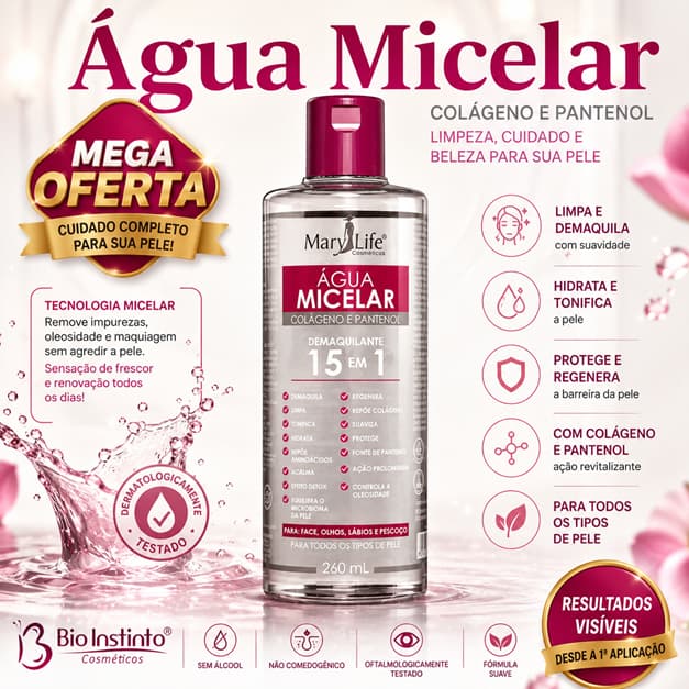 AGUA MICELAR- COLAGENO E PANTENOL- MARY LIFE- DEMAQUILANTE 15 EM 1- 260ML