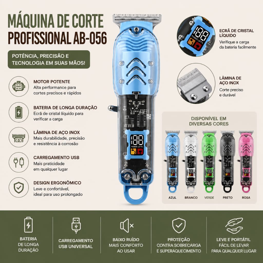Máquina de Corte Profissional AB-056 Recarregável USB com Display LCD e Lâmina em Aço Inox