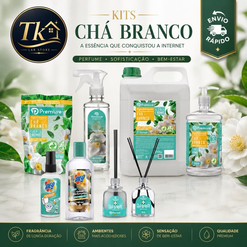 Kit Chá Branco Premisse | Essência Viral | Aromatizante, Difusor, Sabonete e Mais | Premise CASA DE RICA