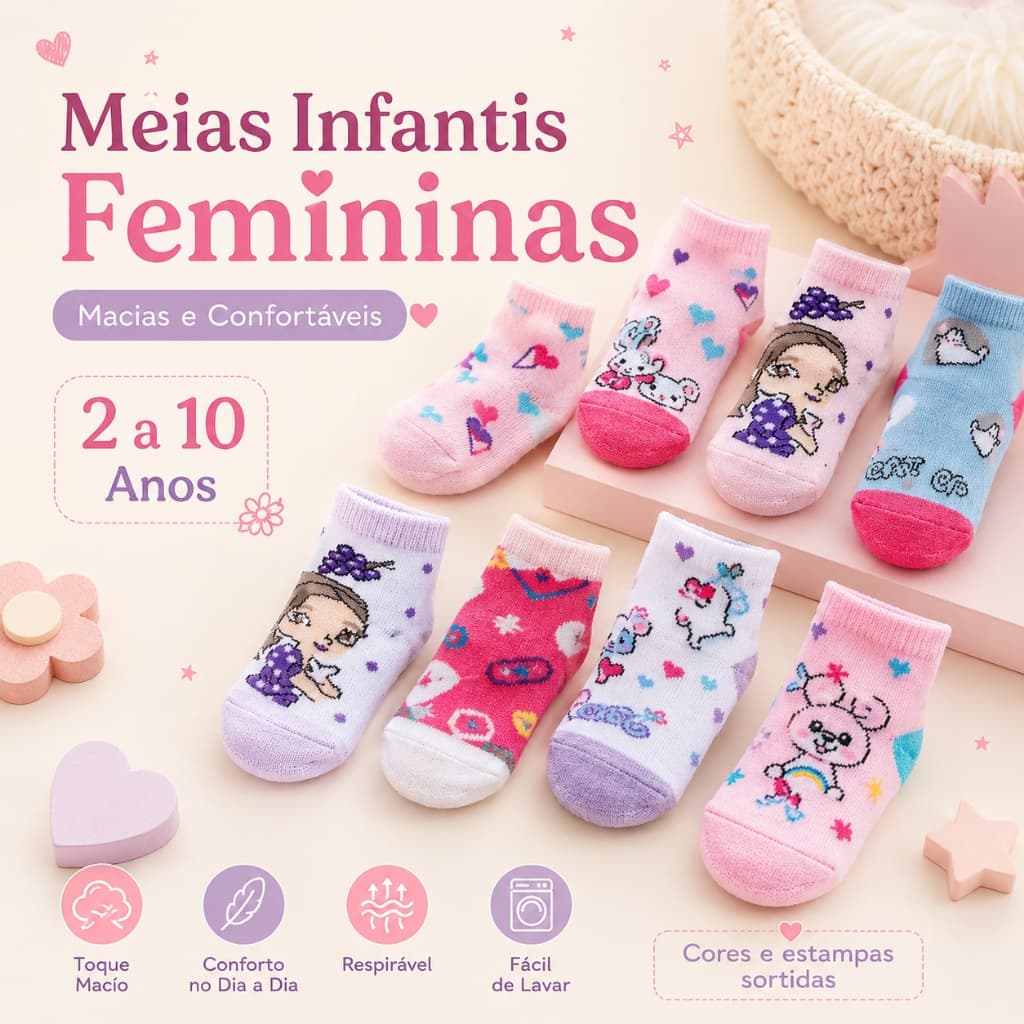 Meias Infantis Femininas Cano Curto Macias Confortáveis Respiráveis para Meninas 2 a 10 Anos
