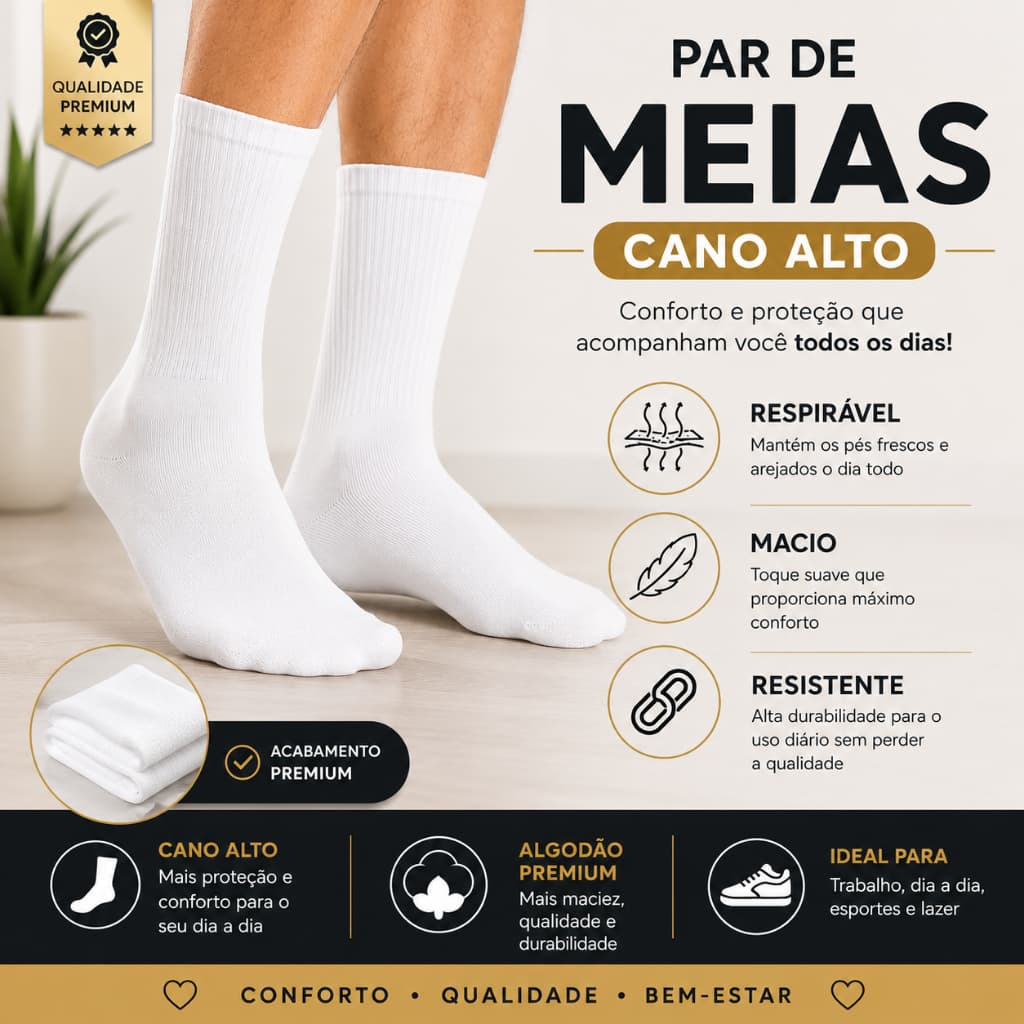 Kit 12 Pares Meia Cano Alto Unissex Meia Masculina Cano Longo Meia Feminina Premium Confortavel Casual Esportiva