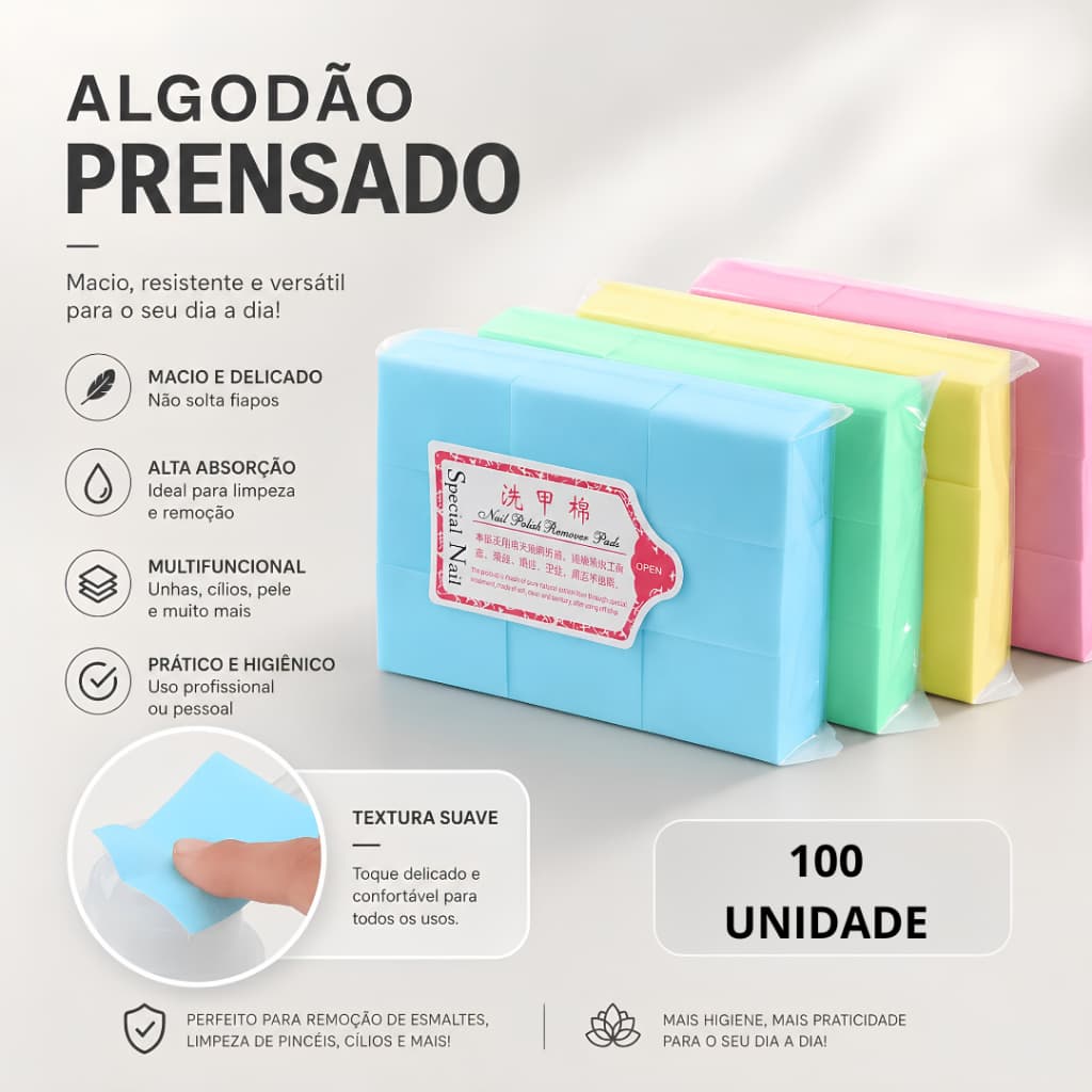 Algodão Prensado sem Fiapos para Nail Designer e Lash Designer 100 Unidades