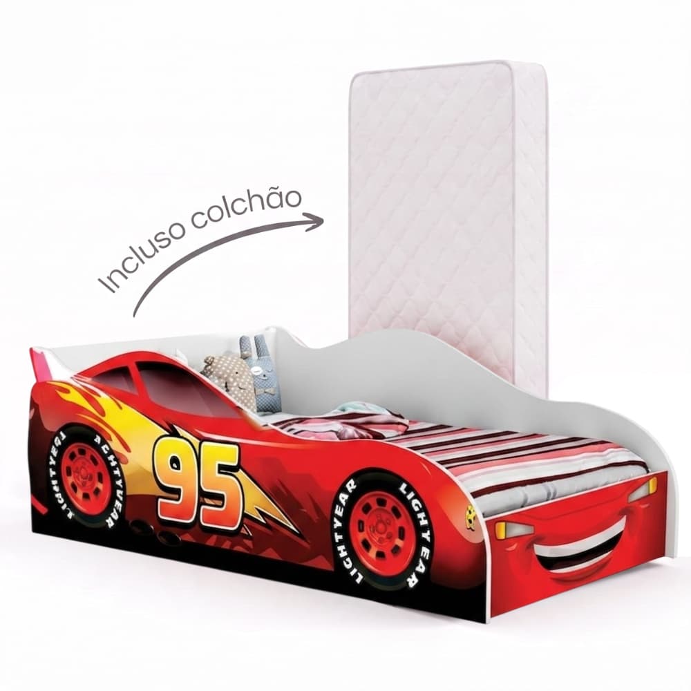 Caminha Infantil Carro Temática para Meninos com Adesivos de Personagens em MDF Acompanha Colchão - AV