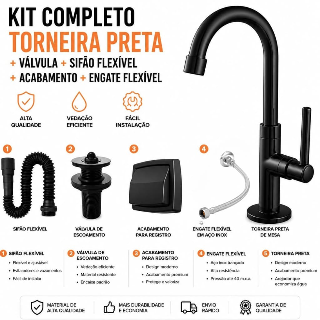 Kit Torneira Preta Lavatório Banheiro Bica Alta + Sifão + Engate Inox 40cm + Válvula 7/8 + Descarga