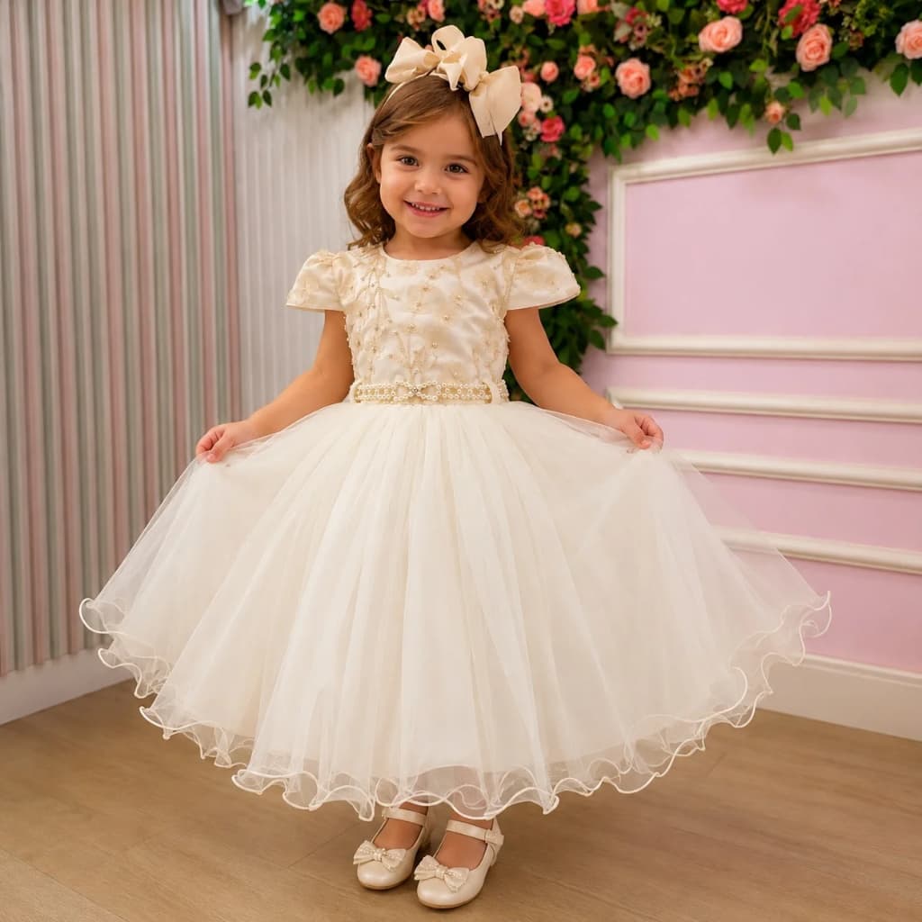 Vestido Infantil Menina Bonita Julieta Off Branco Festa Luxo Daminha de Honra