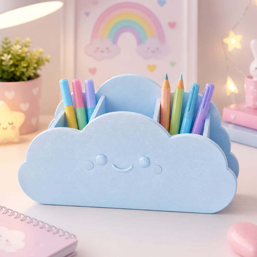 Organizador De Mesa Nuvem Fofa Porta Lápis Caneta Infantil | Papelaria Delicada Com Divisórias | Decoração de Quarto