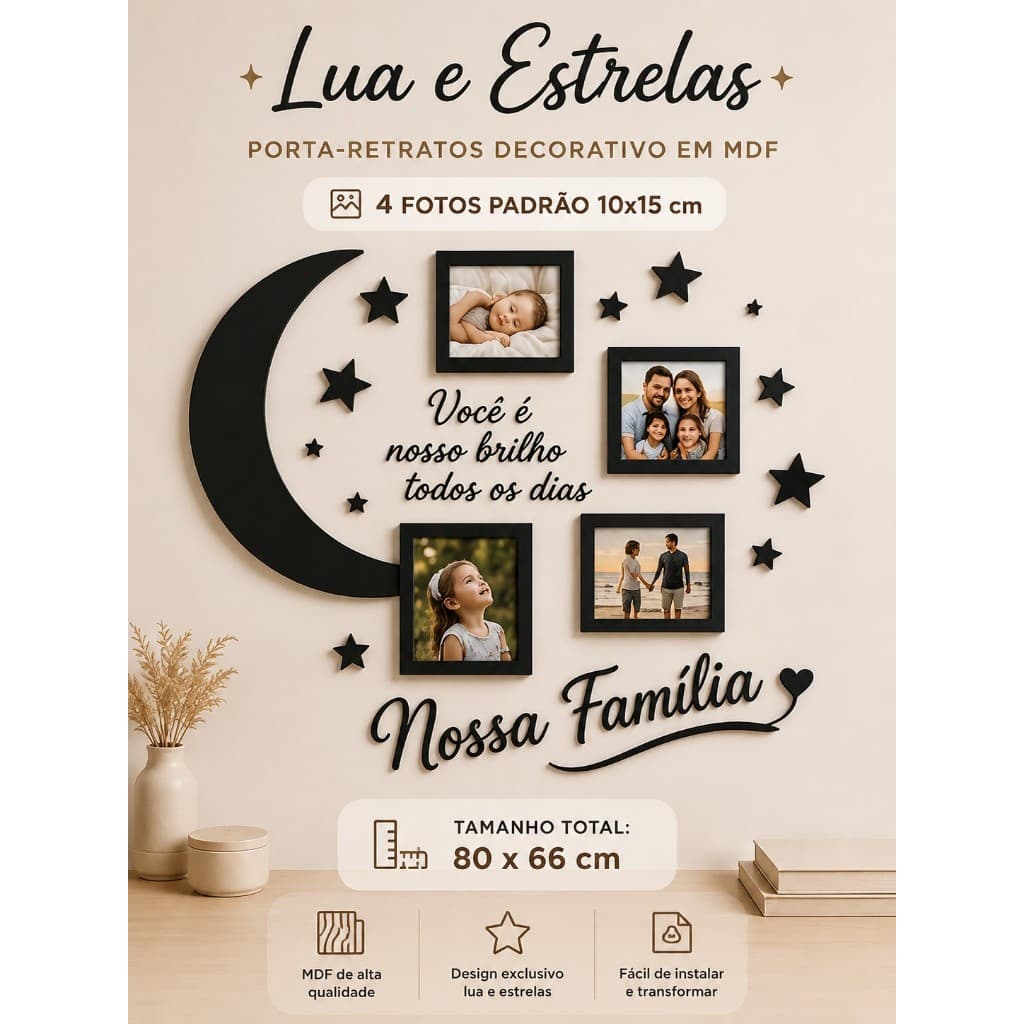 Porta-Retratos Nossa Família Lua e Estrelas MDF 4 Fotos 10x15