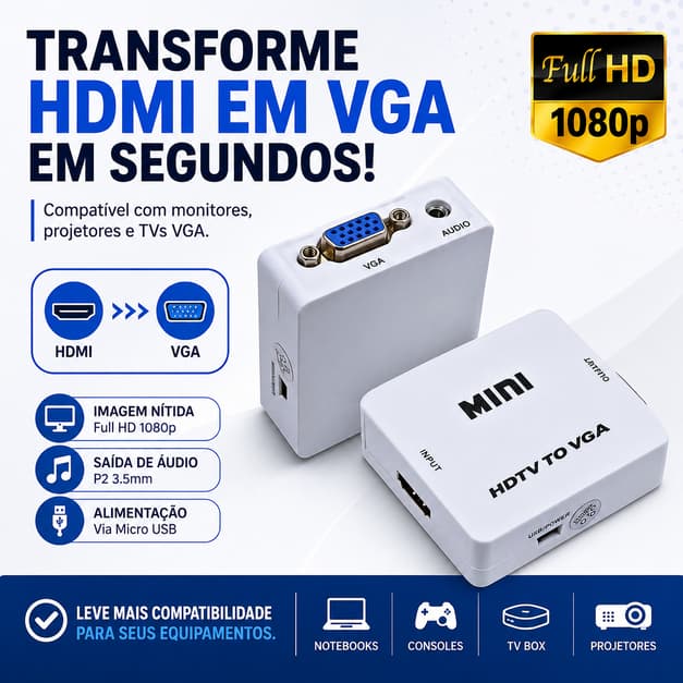 Conversor HDMI para VGA Full HD 1080p com Áudio P2 e USB para Notebook TV Box Projetor