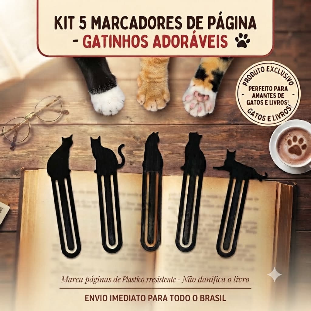 Kit 5 Marcadores de Página Gatinho
