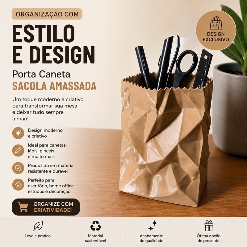 Porta Canetas Organizador de Mesa Sacola Amassada Decorativo Moderno Impressão 3D