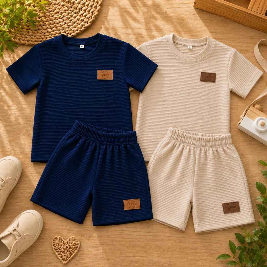Combo 2 Conjuntod Anarruga Short e Camisa Texturizados Cintura elástica Casual