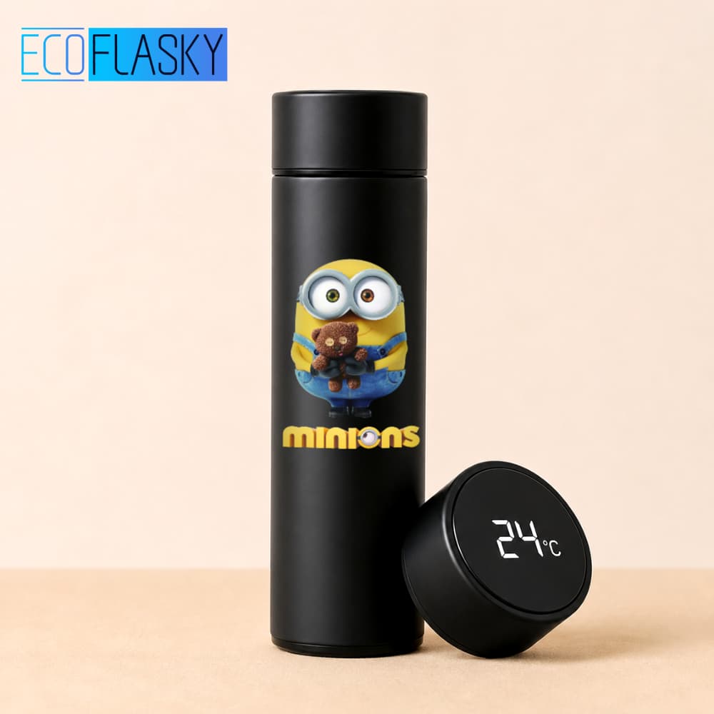 Garrafa Térmica de Água Infantil de Aço Inoxidável Minions Bod com Termometro LED Digital Estampada 500ml