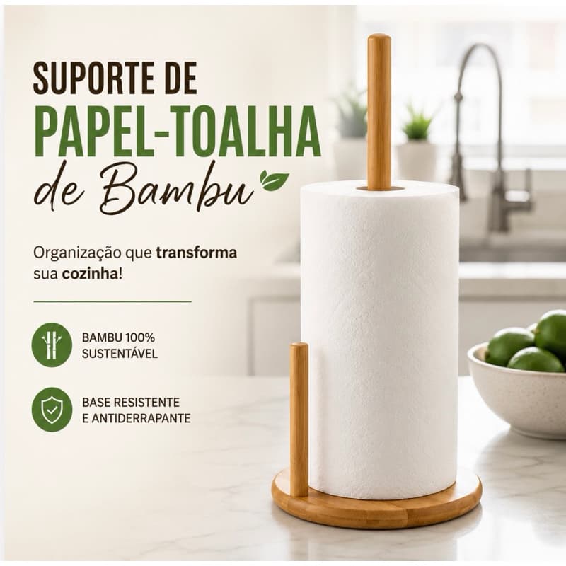 Porta Papel Toalha em Bambu Casita – Organizador de Cozinha Resistente, Sustentável e Decorativo