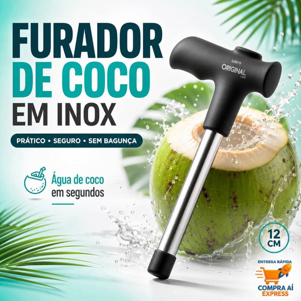 Furador de Coco Manual Inox Profissional 12cm Abridor com Cabo Emborrachado