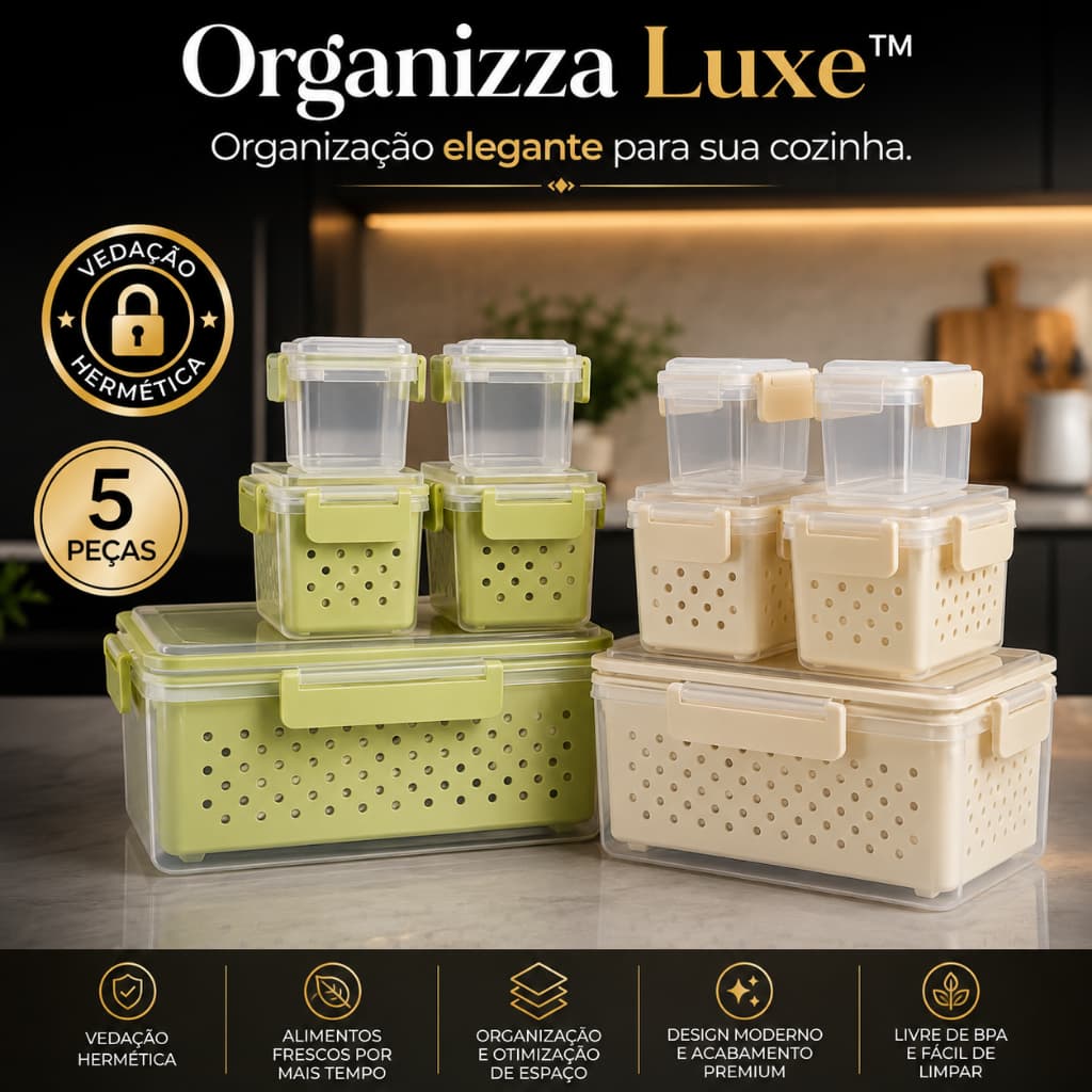 Kit 5 Potes Herméticos com Tampa Vedante e Cesto Organizador para Cozinha | Organizza Luxe™