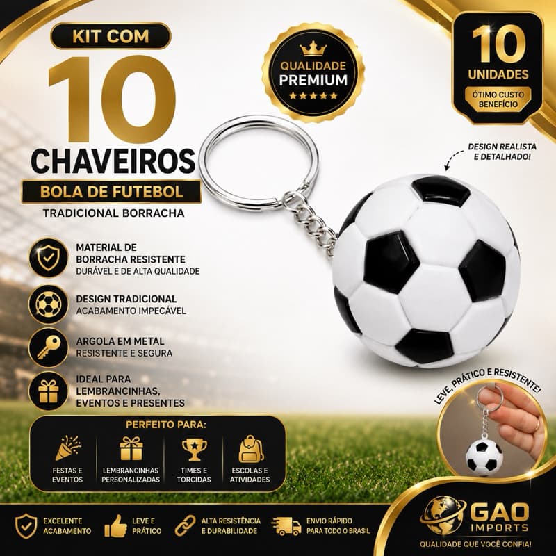 Kit 10 Chaveiros Bola de Futebol Tradicional Borracha Lembrancinha Fãs Futebol