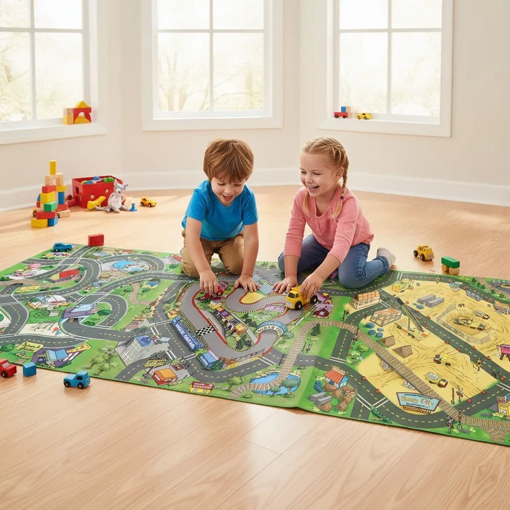 Tapete de Corrida Infantil Emborrachado 200x100cm Criança Grande Pista de Carrinho Carros Cidade