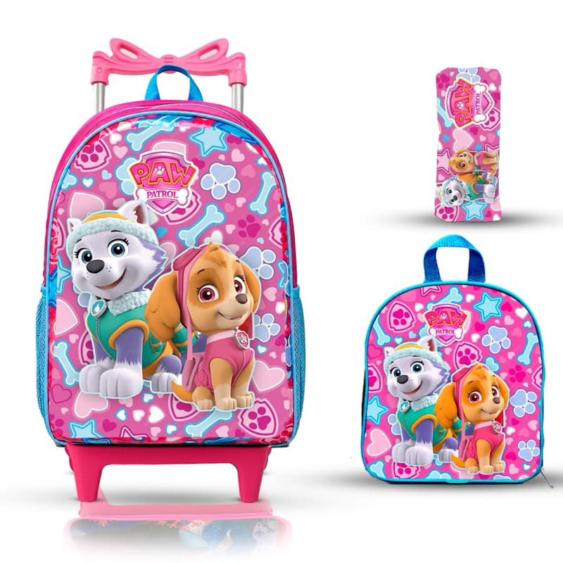 mochila escolar infantil lancheira e estojo skaie patrulha canina menina com rodinhas