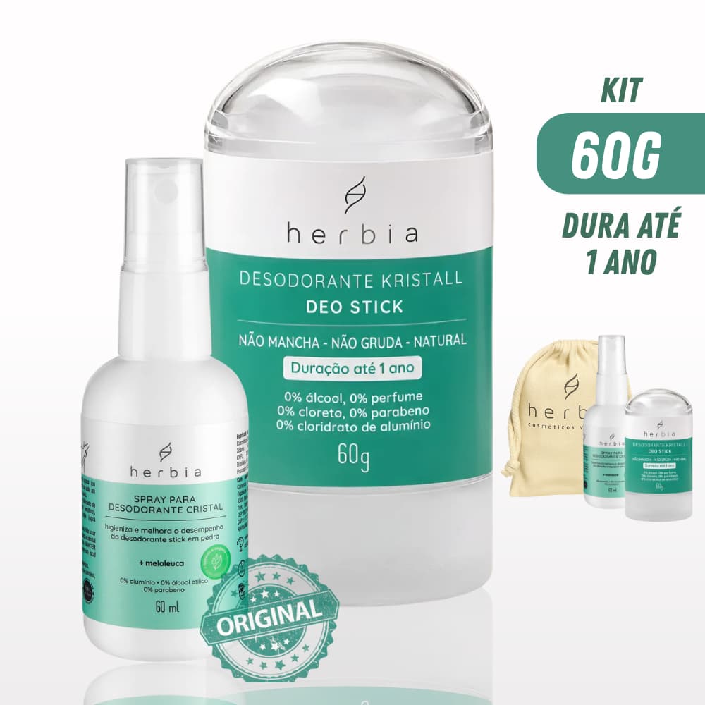 Herbia Desodorante Cristal Stick 60g + Spray higienizante + Minibag