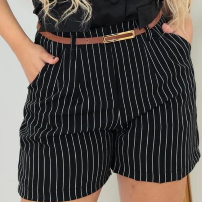Shorts  Alfaiataria feminino Listrado com cinto bolso e zíper lateral verão tendencia 2026