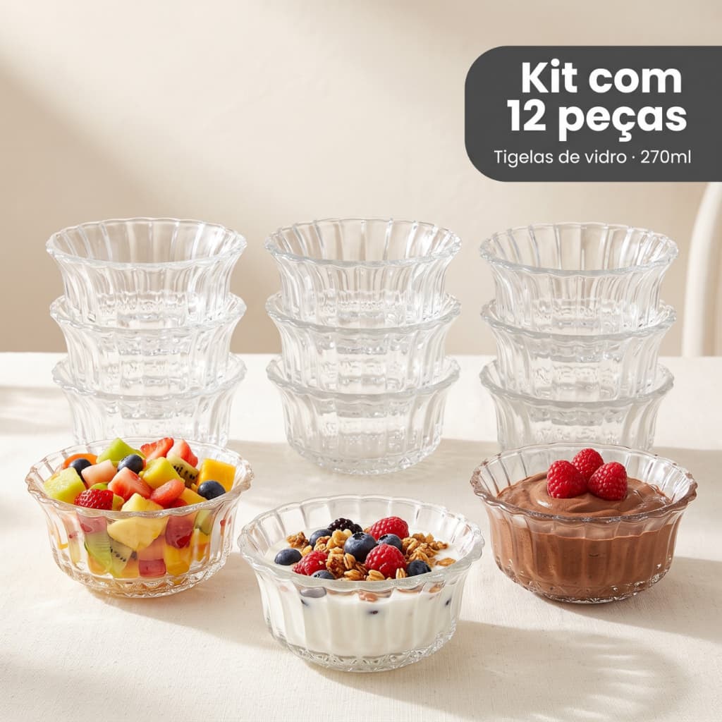 Jogo 12 Tigelas Bowls Taças Vidro Forjado Decorado Sobremesas 270ml Doce Sorvete Frutas Aperitivos Cumbuca