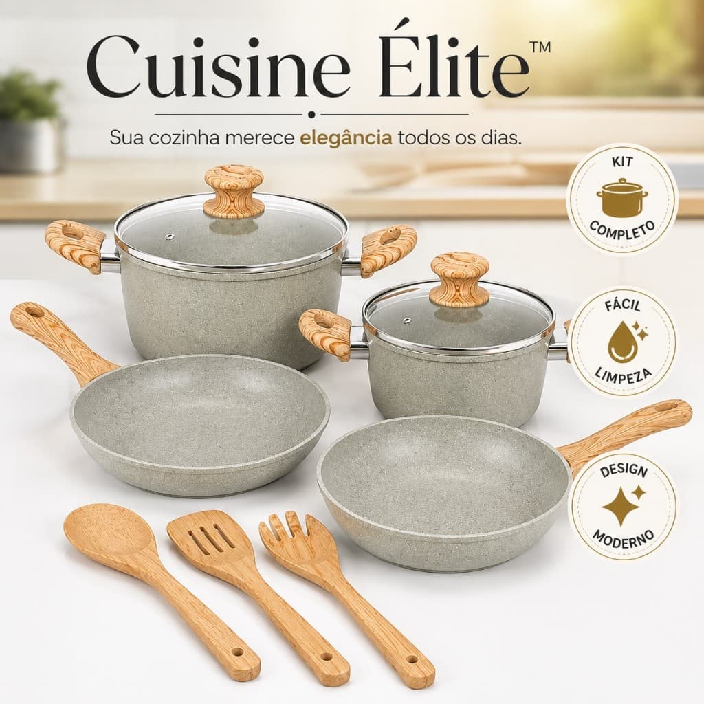 Kit Panelas Completo 7 Peças Cinza com Tampas de Vidro e Utensílios Cuisine Élite™ Fácil Limpeza Durável
