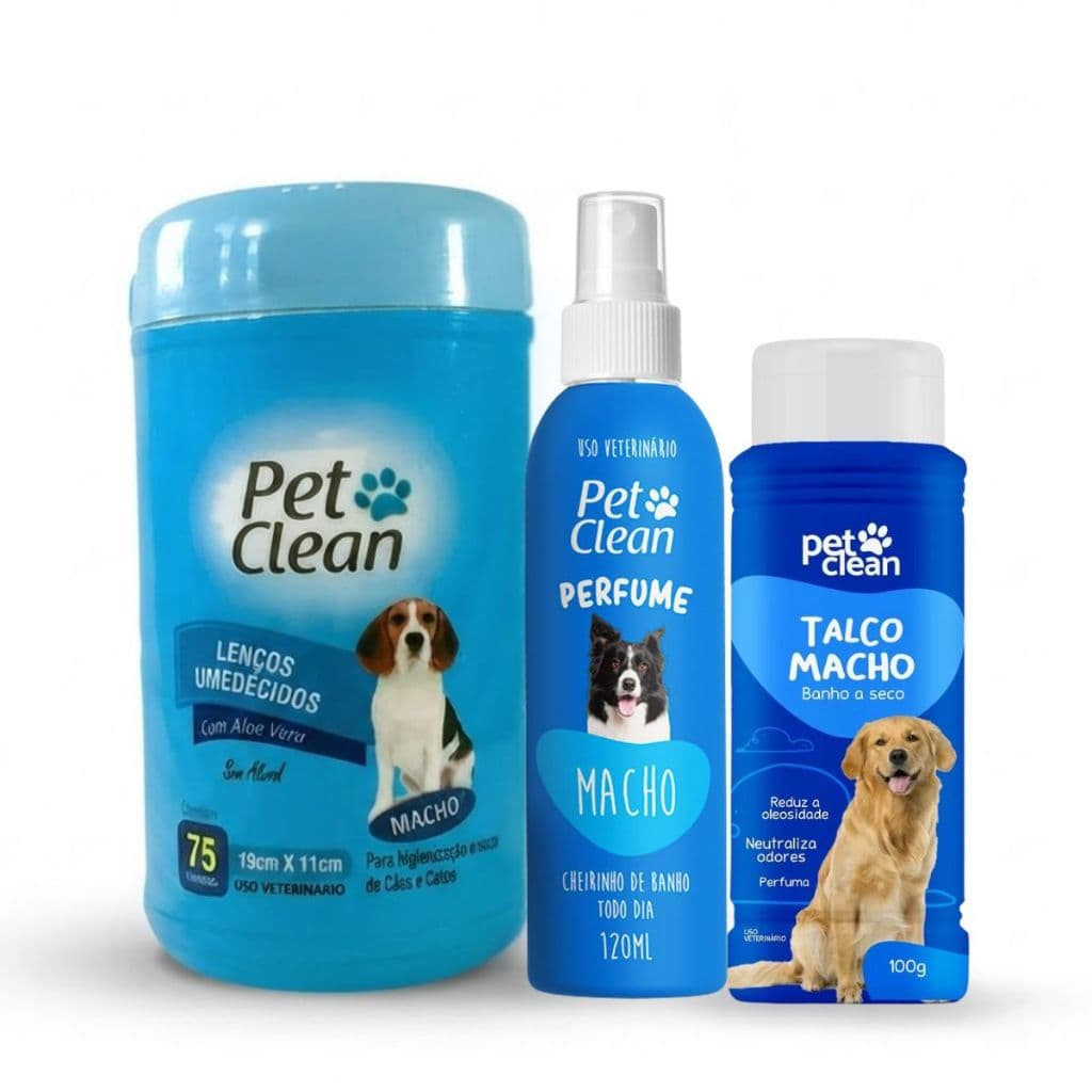 Kit Pet Macho Talco Lenço Umedecido e Perfume Pet Clean para Cães