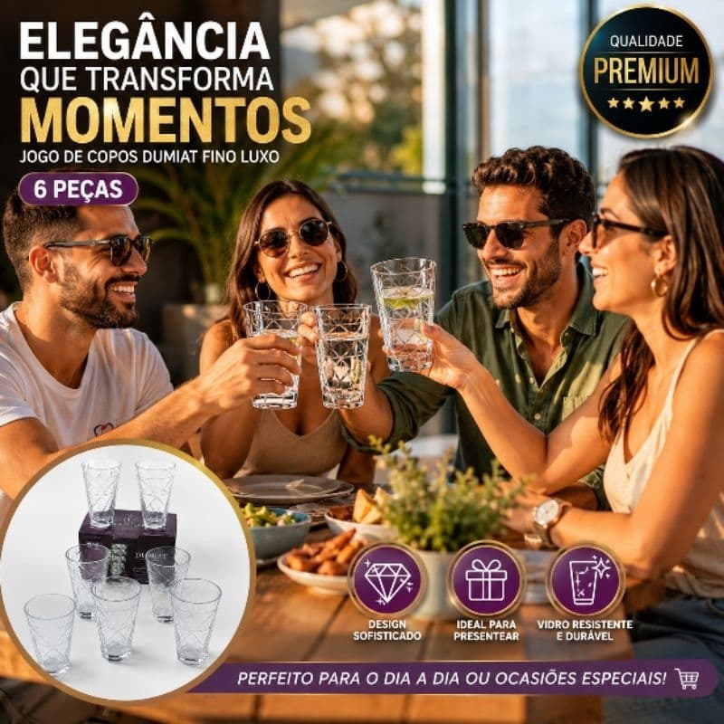 Jogo de Copos Dumiat 6 Peças Vidro Transparente Fino Luxo 420ml Copo de Água Suco Refrigerante Premium