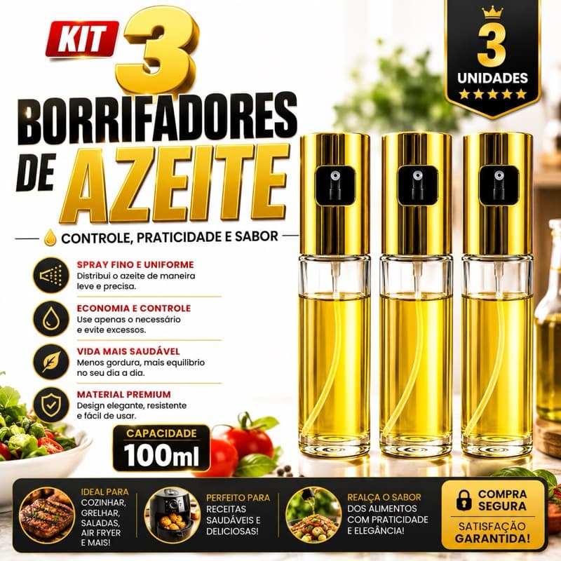 Kit 3 Borrifadores de Azeite Spray Pulverizador Vidro 100ml Premium sortido dourado , rose