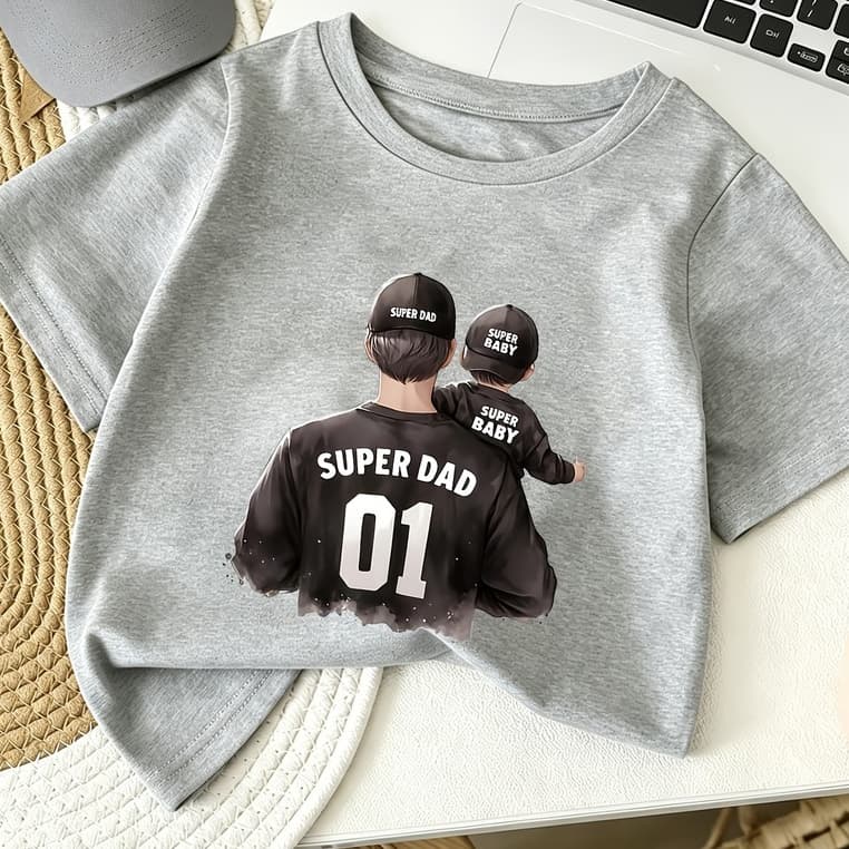 SUPER DAD Camiseta Manga Curta Estampada Pais e Filhos com Estilo Boné de Beisebol