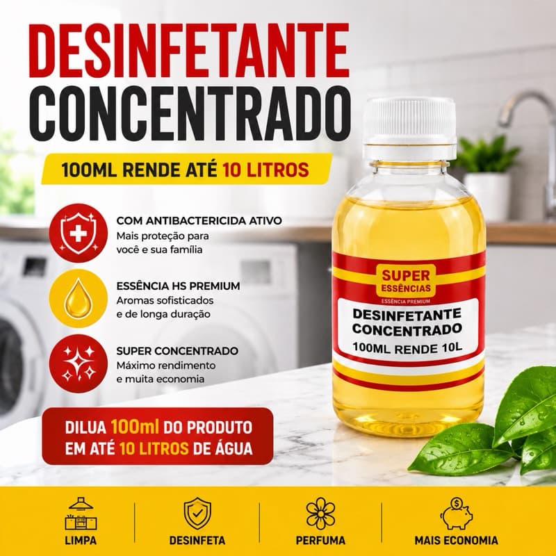 Desinfetante Super Concentrado 100ml Rende 10 Litros, Limpador Premium Multiuso