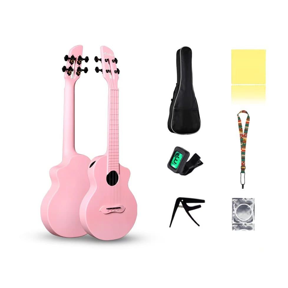 Ukulele Soprano Rosa 21 Polegadas Kit Completo com Capa, Afinador, Correia, Capotraste e Cordas Extras