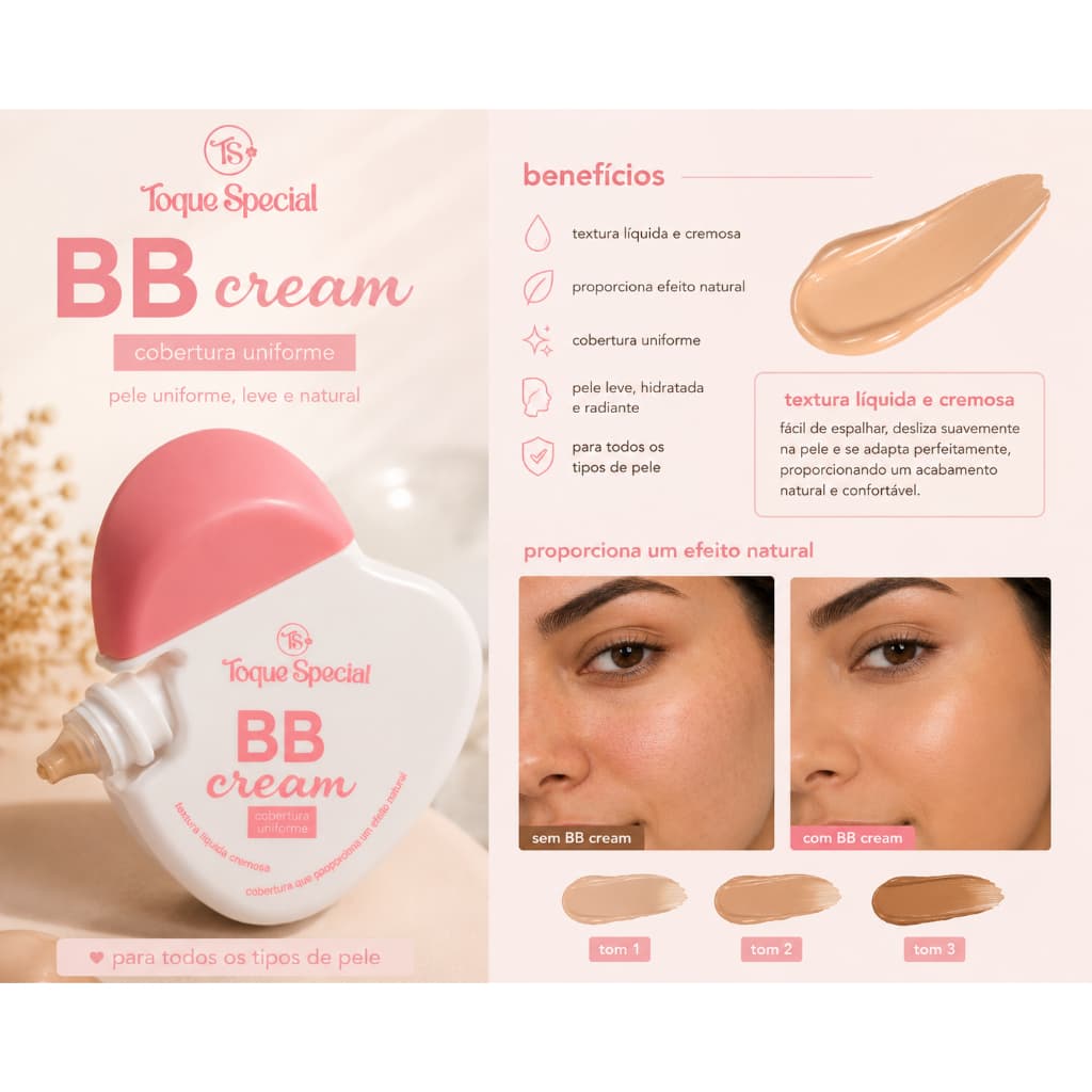 Toque Special Novo BB cream em 3 tons de cores fácil aplicação cobertura uniforme e textura liquida e cremosa