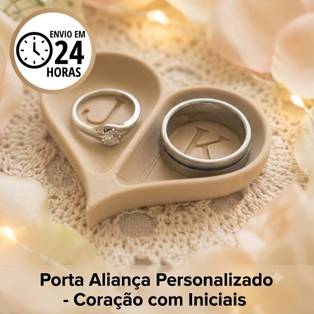 Porta Aliança Personalizado Casamento Noivado Coração Com Iniciais Suporte Alianças Organizador Joias 3D