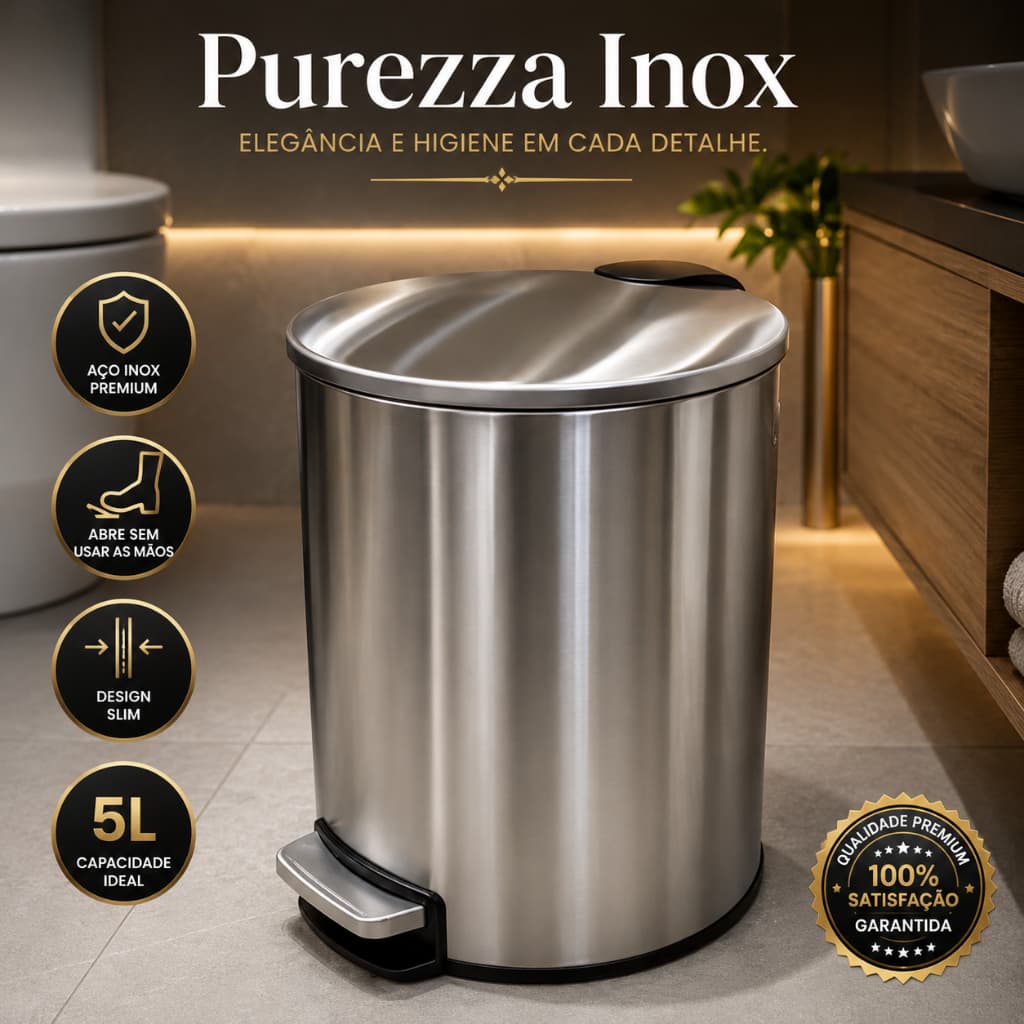 Lixeira Inox 5L com Pedal Slim para Banheiro Lavabo Cozinha Aço Inoxidável