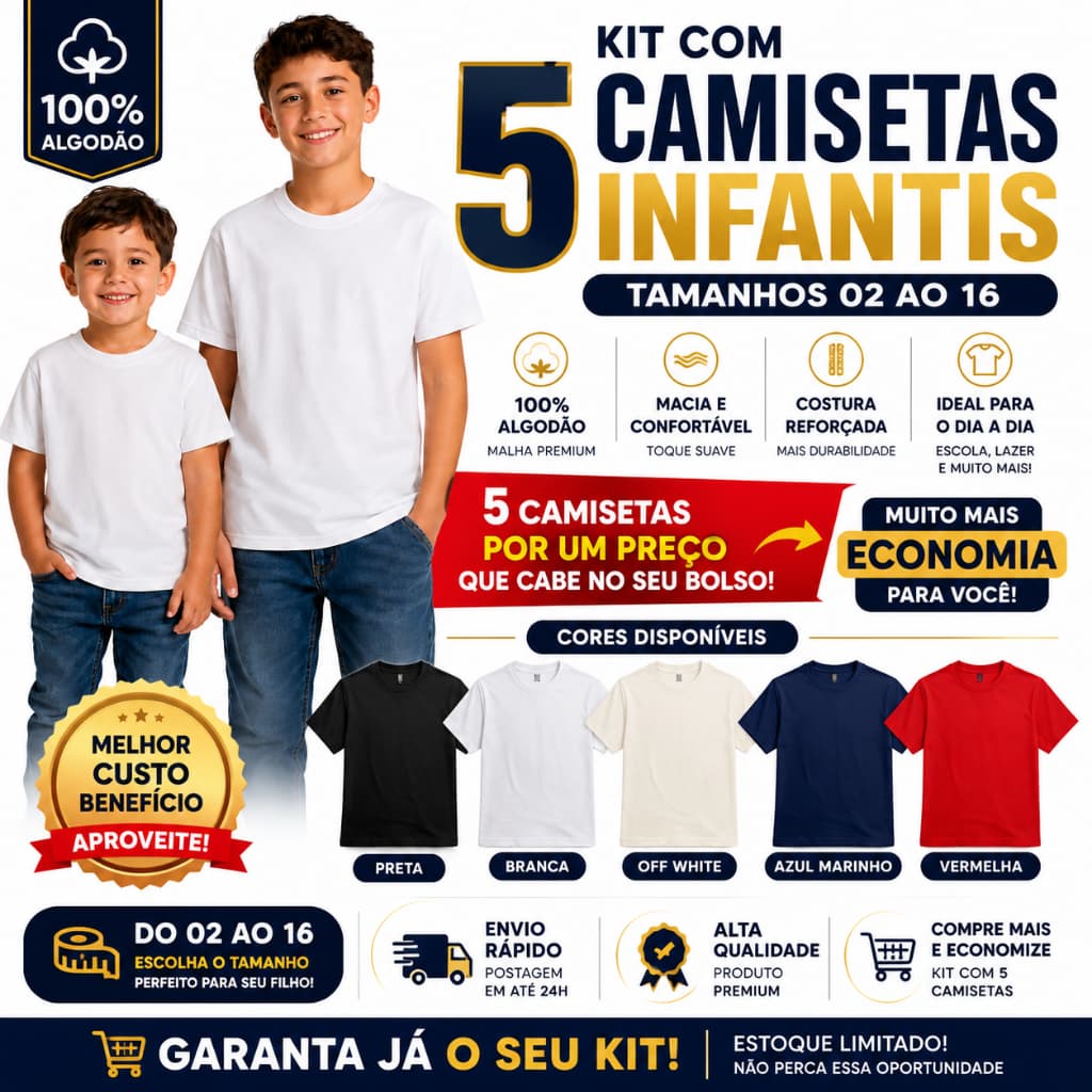 Kit 5 Camisetas Infantil Unissex Lisa 100% Algodão
