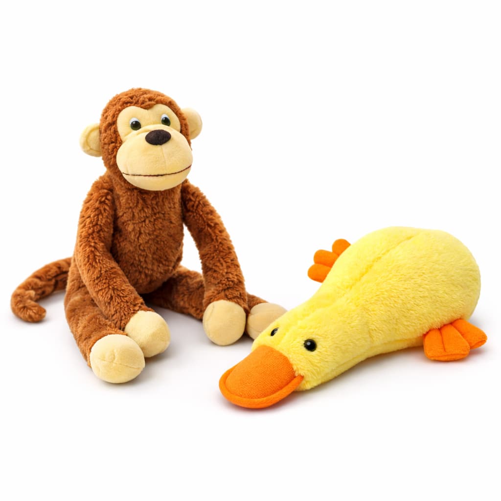Kit 2 Brinquedos de Pelúcia para Cães Macaco e Pato com Apito | Mordedor Resistente Pet