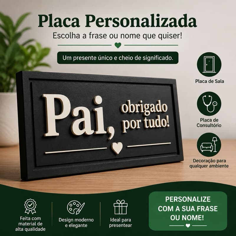 Placa Decorativa Personalizada 22x10cm em Alto Relevo | Nome, Frase ou Logo | Porta, Sala, Consultório e Decoração