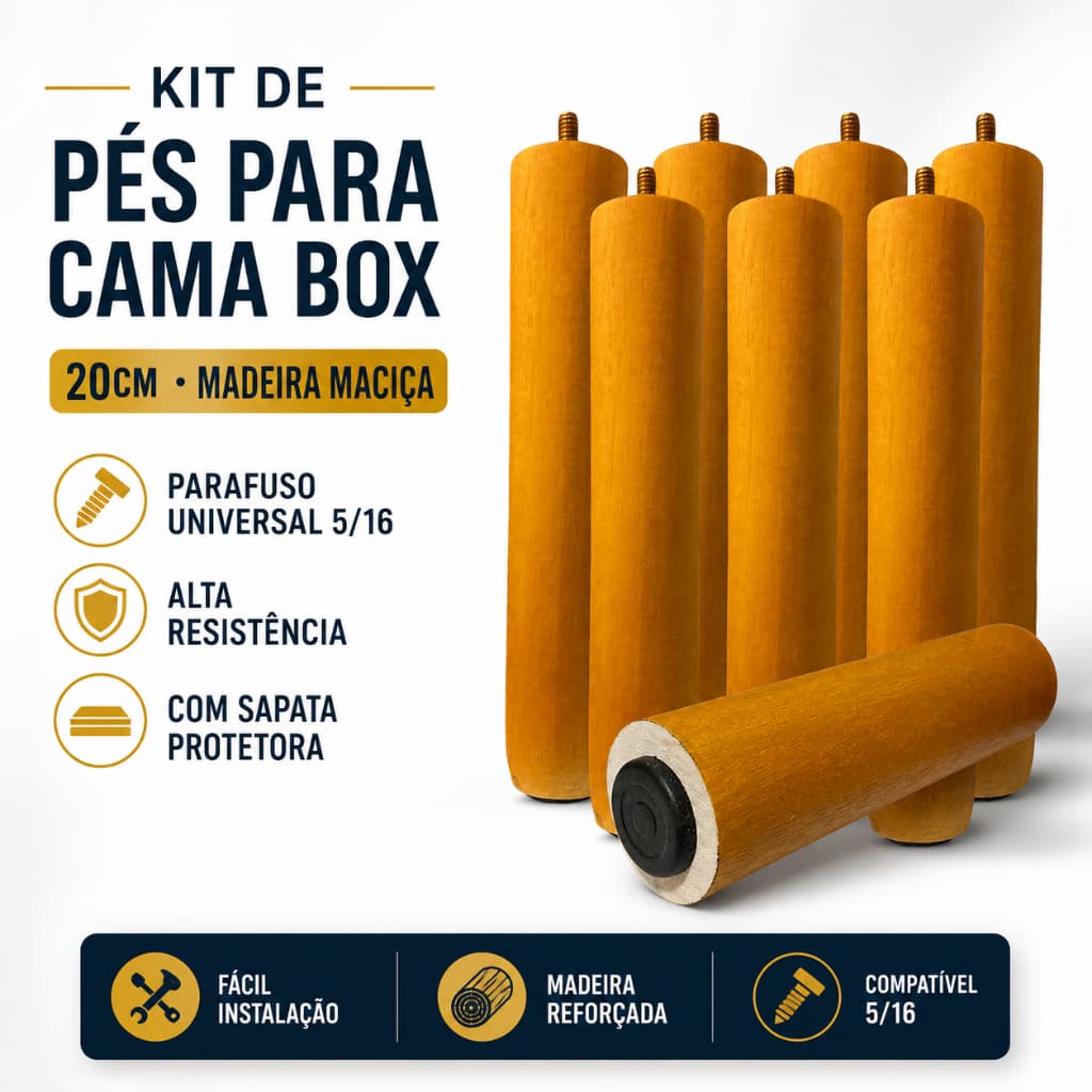 Jogo Pés 20cm Para Cama Box Báu Móveis Madeira Maciça Pé Cama Solteiro -Casal -Queen -King - Padrão